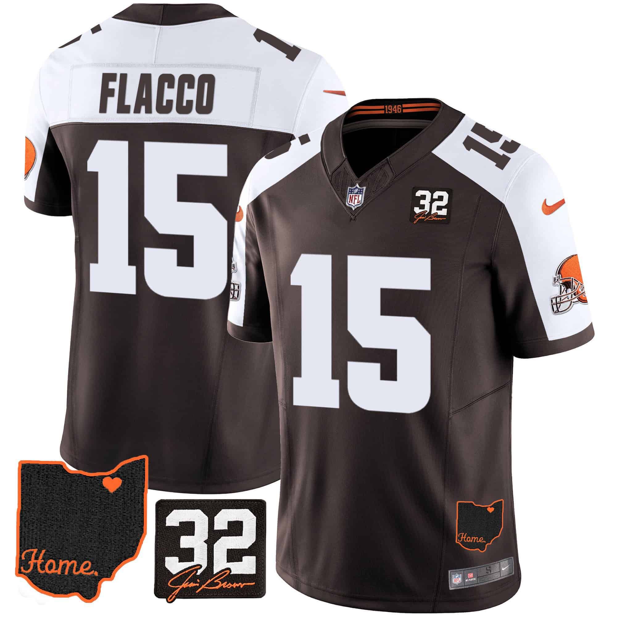 Men Cleveland Browns 15 Flacco Brown Memorial Home Patch 2024 Nike NFL Jersey